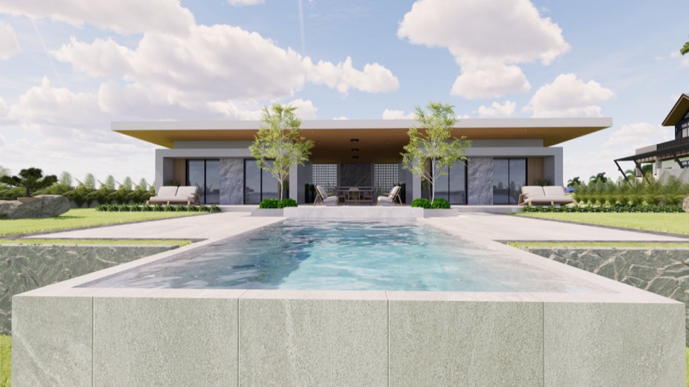 Balai Alfredo — visualisation of the house behind a pool set on its centre line, under a broad flat roof.