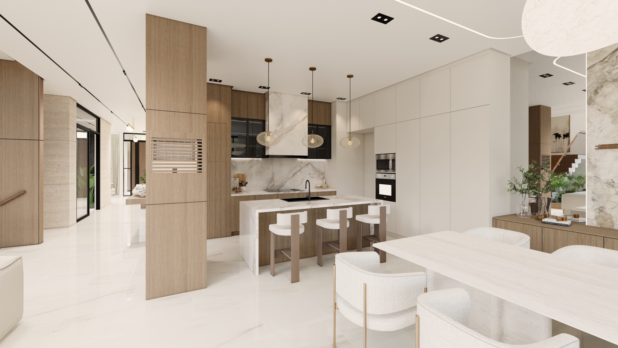 Mira Nila — residential interior with oak joinery, a marble island and brass pendants.