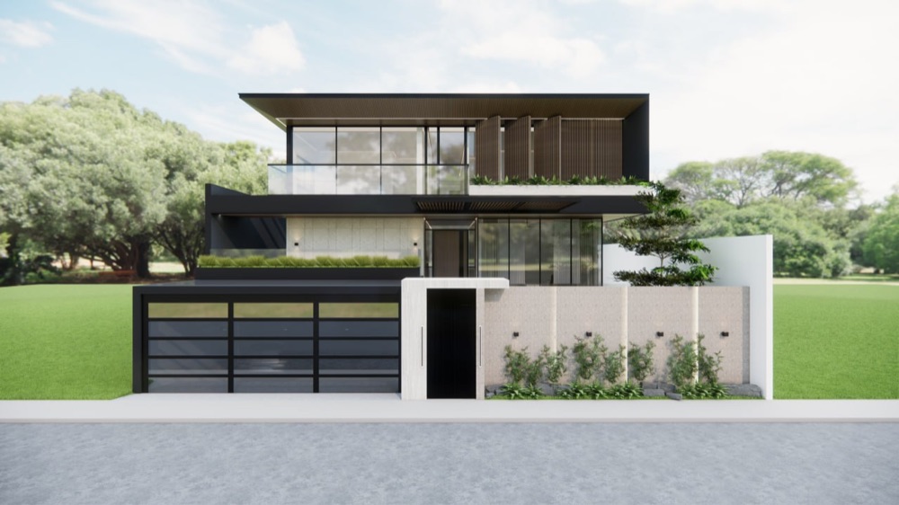 Mira Nila Homes — front elevation, with a darker upper floor screened in vertical timber louvres carried over a glazed level below.