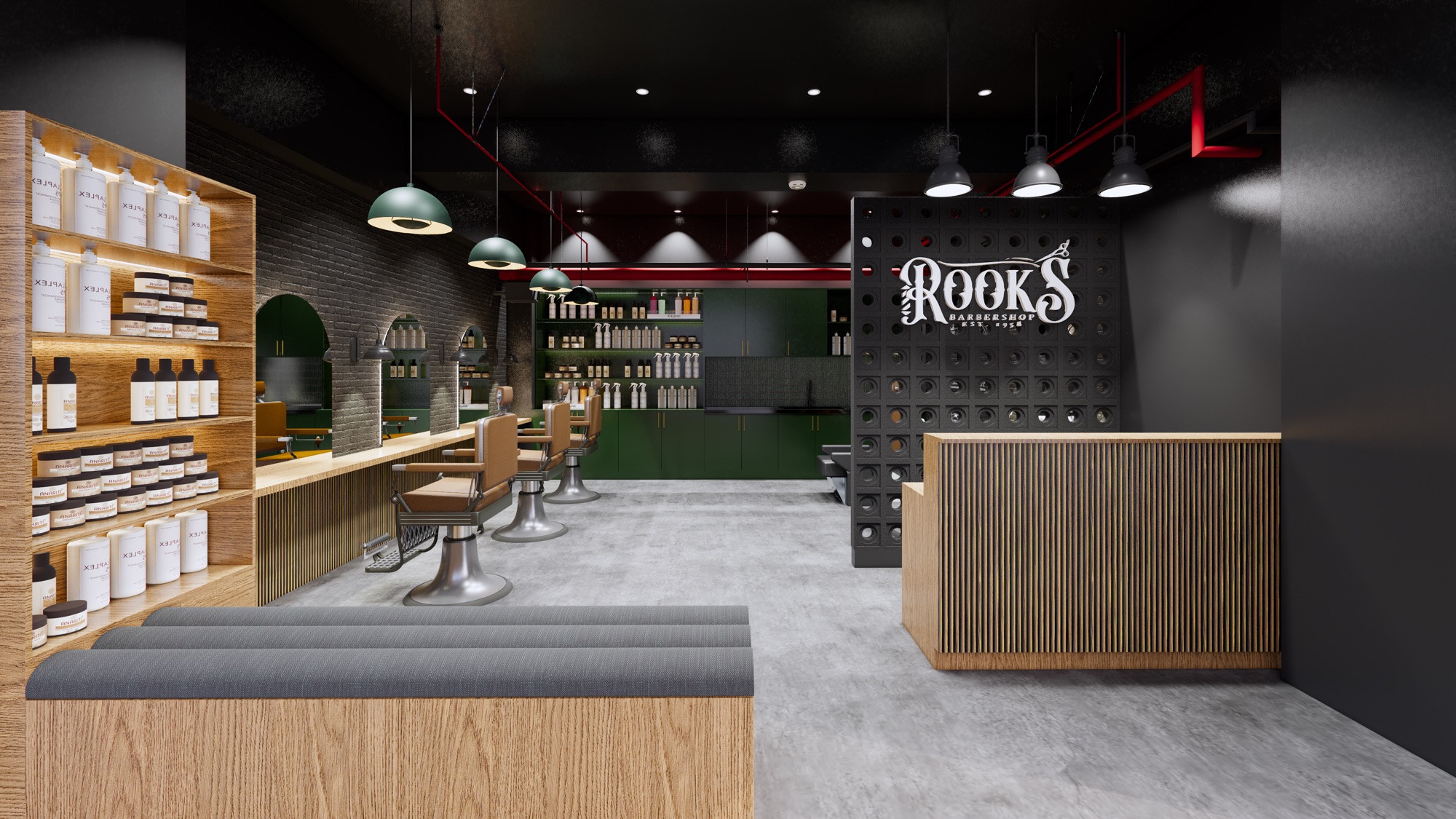 Rooks Barber — barbershop fit-out with black brick, green joinery and a slatted timber reception desk.