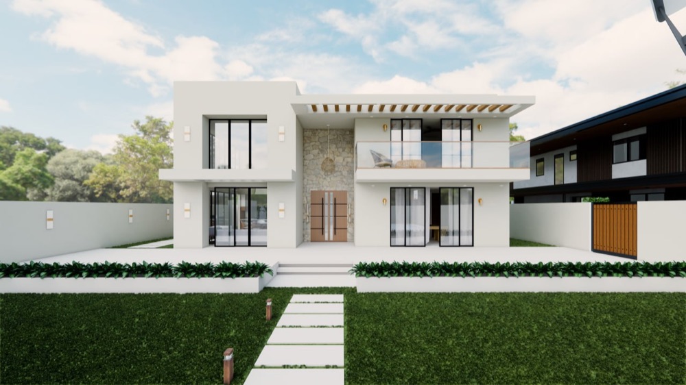 Silang Project — crisp white two-storey house behind planted beds, with a stone entry spine and timber front door.