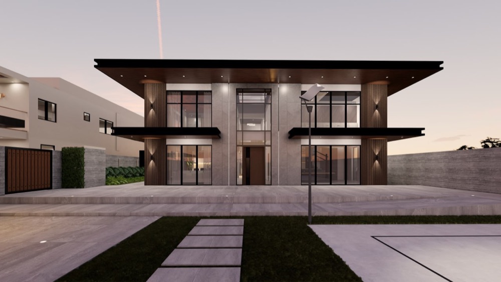Tala Villa — front elevation at dusk, a two-storey house under one broad flat roof with a timber soffit.