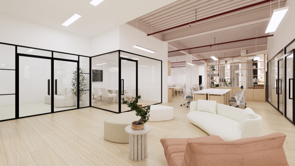 You Glow Babe — visualisation of the office, with glazed meeting rooms and a lounge set into the open floor.